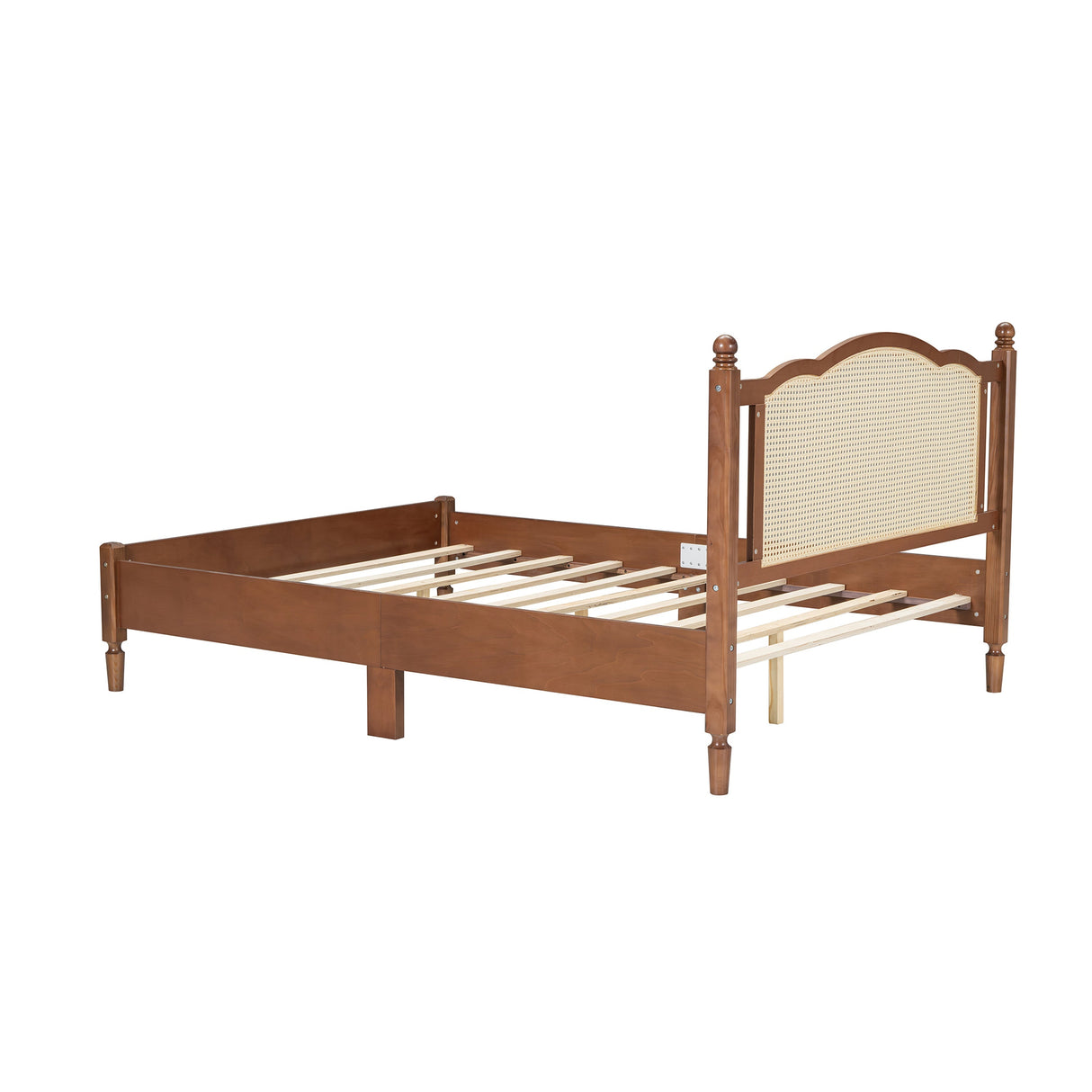 Queen Size Wooden Platform Bed with Natural Rattan Headboard