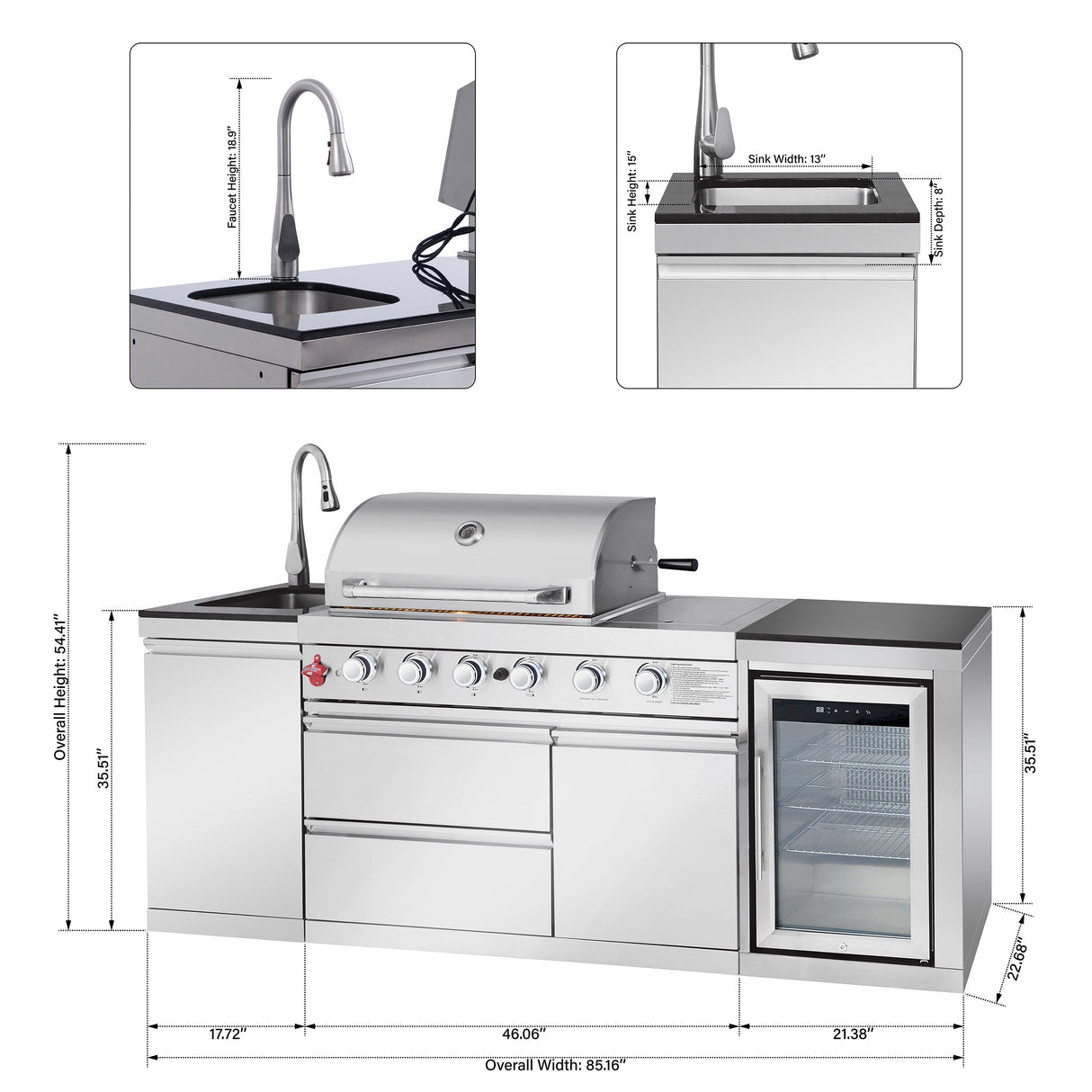 Outdoor Kitchen Island 85.2 Inch 4+1 Burner Propane Gas BBQ Grill 71500 BTU 304 Stainless Steel
