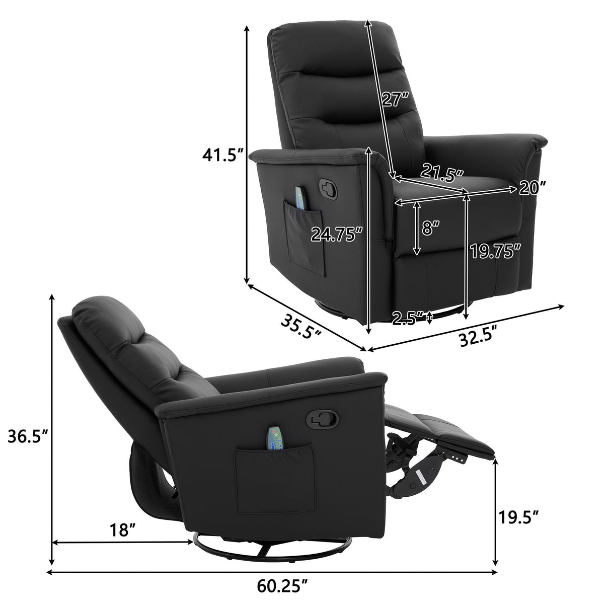 Manual Recliner Chair With 8-Point Massage and Swivel Function