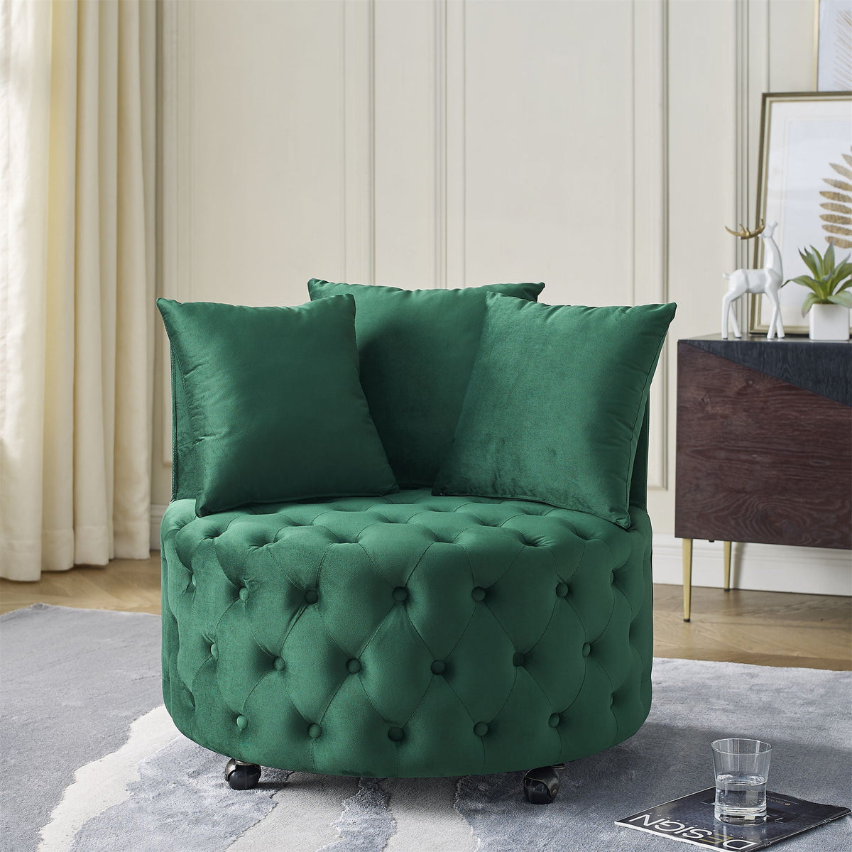 Modern Upholstered Swivel Chair With Button Tufted Design And Movable Wheels