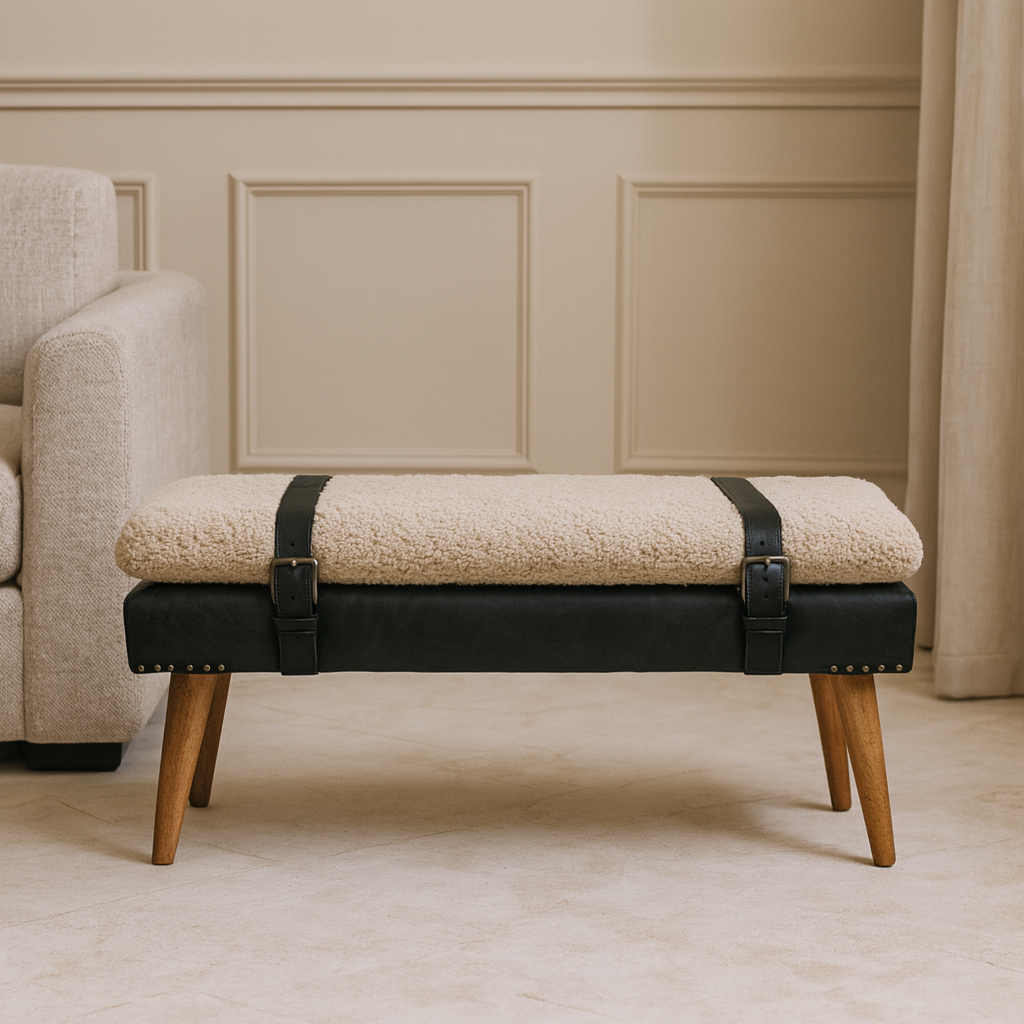 Boucle x Leather Upholstered Bench, Nordic Legs