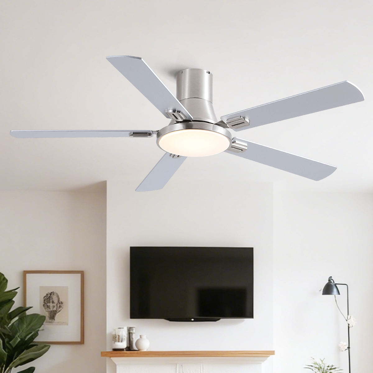 Flush Mount Ceiling Fans With LED Light And Remote Control, 5 Blades