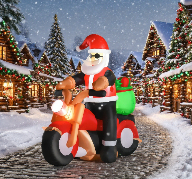 Christmas-Inflatable-Santa-Claus-Riding-A-Motorcycle-with-Toy-Bag,-Outdoor-Blow-Up-Yard-Decoration-Christmas-Decor