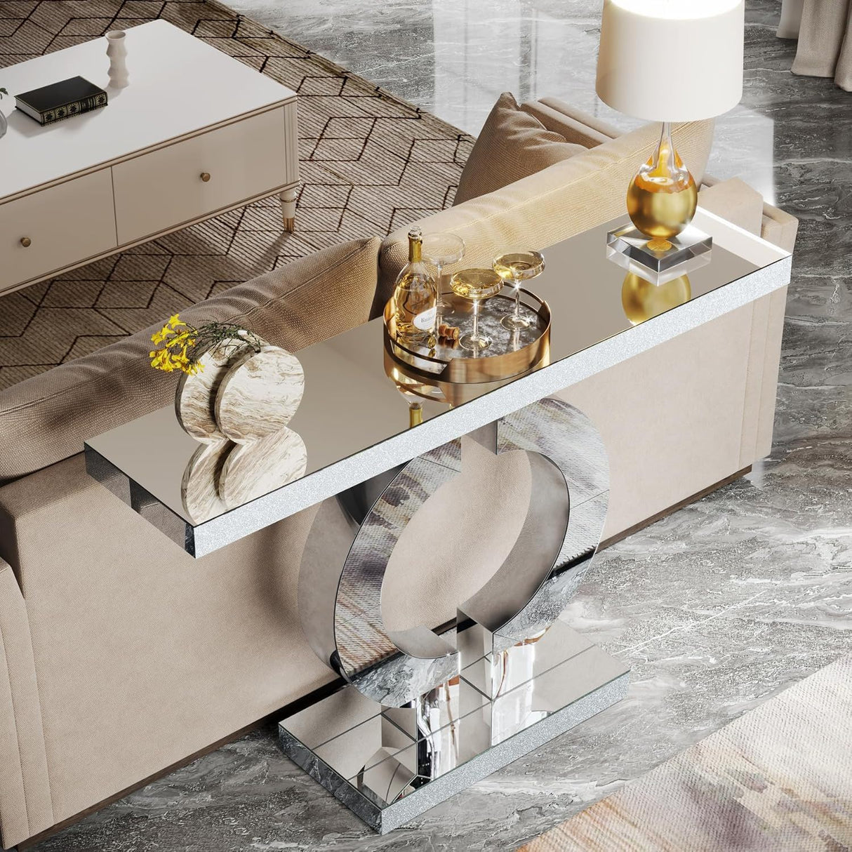 Mirrored Console Table With O-Shaped Base For Living Hallway - Silver / Clear