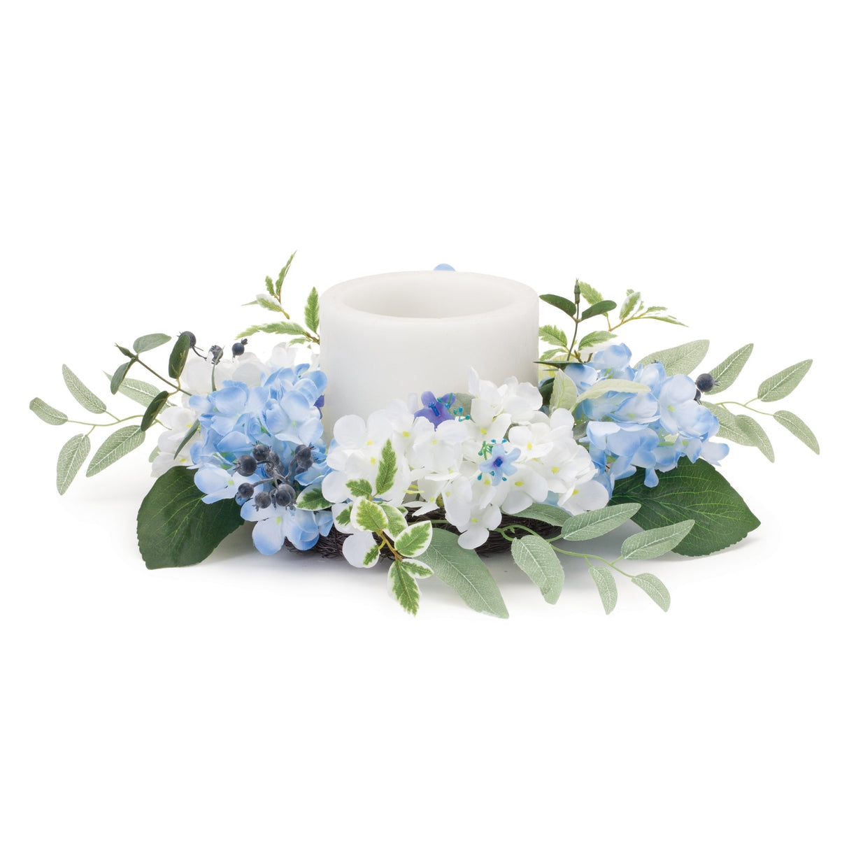 Mixed hydrangea floral candle ring 8"d