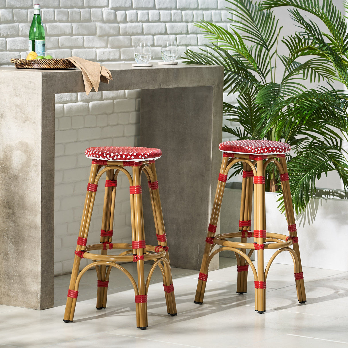 Outdoor PE Rattan and Aluminum French Backless Barstools, Set of 2