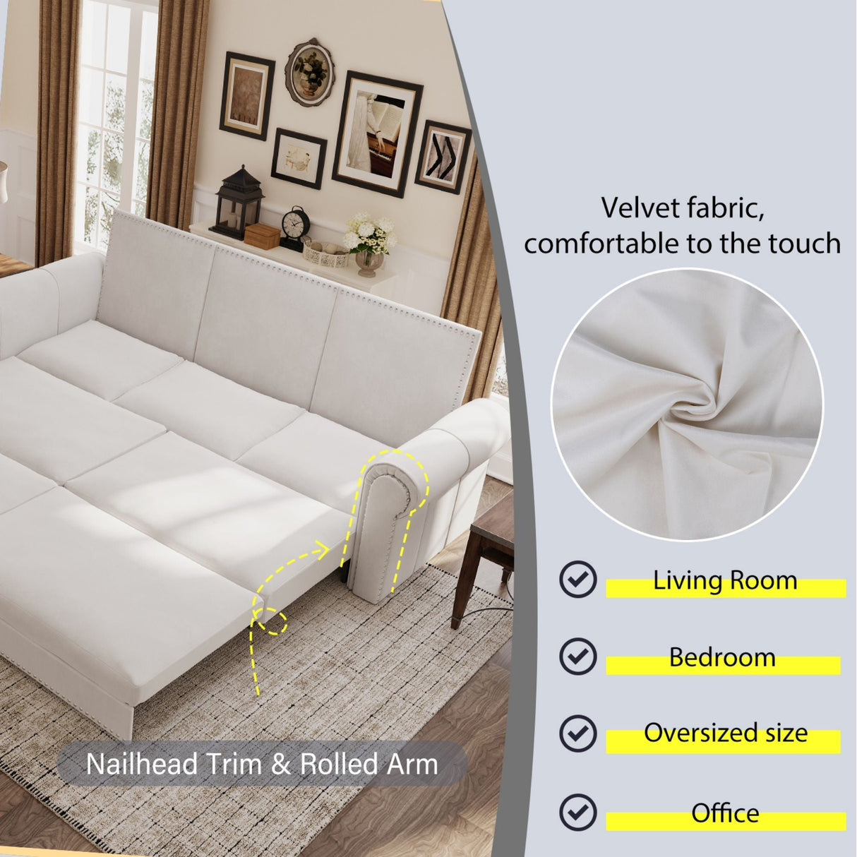 3 In 1 Convertible Sleeper Sofa With Nailhead Trim & Rolled Arm