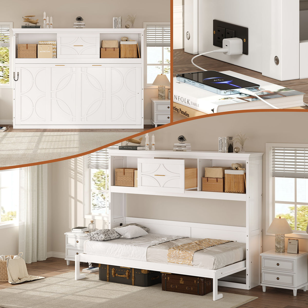 Murphy Bed With Charging Station and Drawer - Twin Storage Bed - White or Light Brown