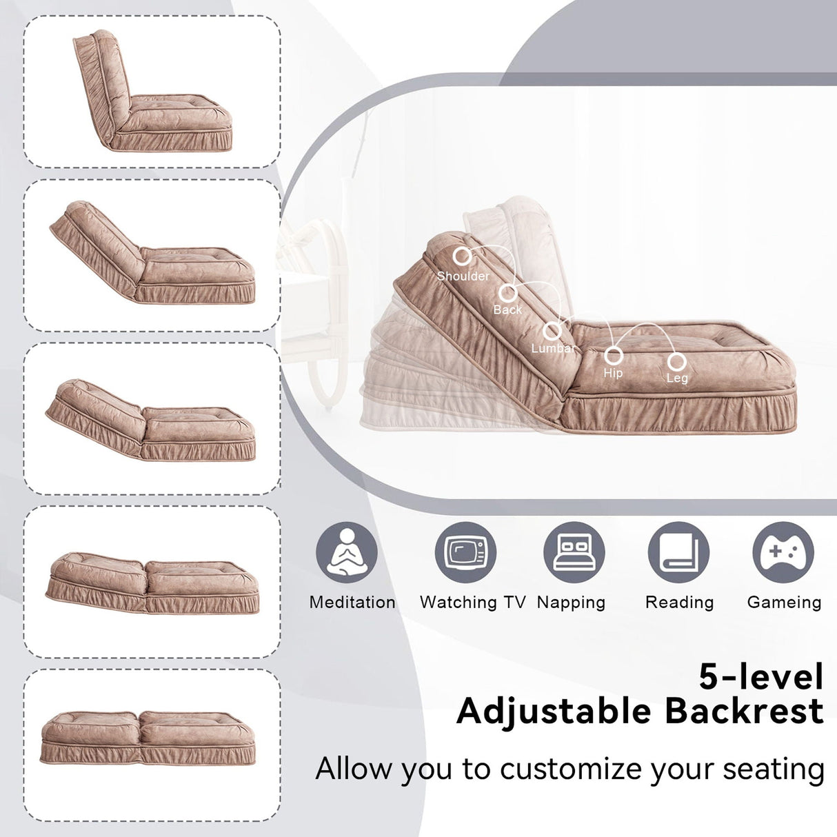 Upholstered Human Dog Bed And Pets, Bean Bag Floor Sofa With Massage Pillow, 5 Adjustable Positions & 2 Soft Pillows