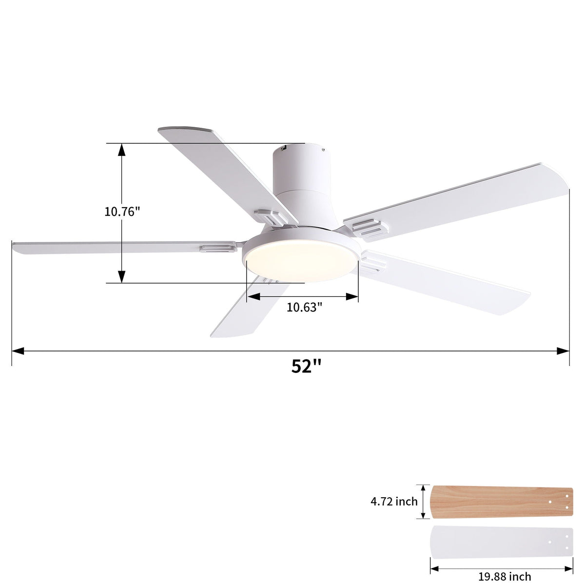 Flush Mount Ceiling Fans With LED Light And Remote Control, 5 Blades
