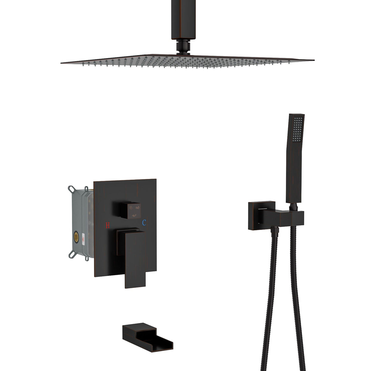 Modern Shower System With Waterfall Tub Spout, 12" Ceiling Mount Square Shower