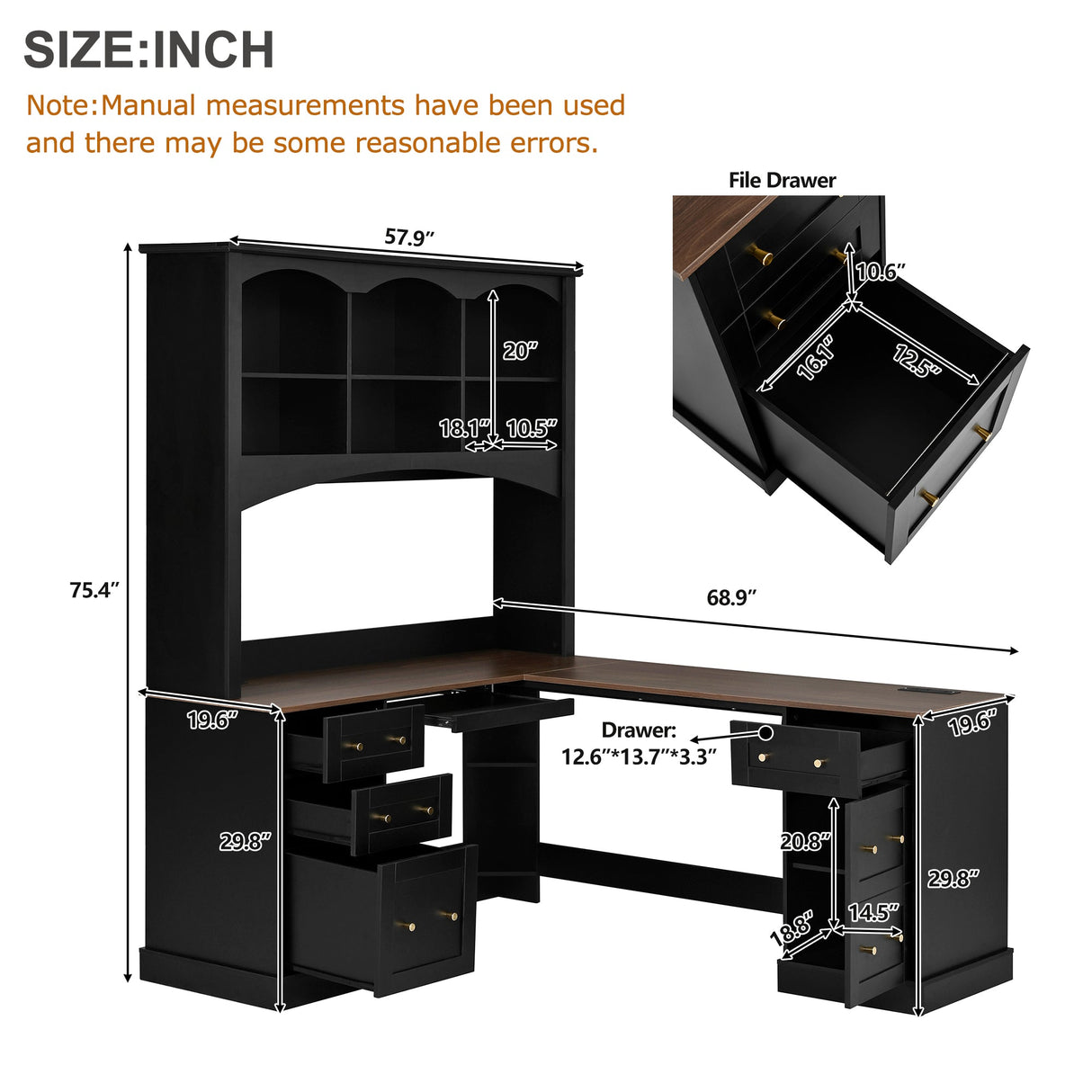 Space-Saving L-Shaped Computer Desk with Keyboard Tray & Charging Stations