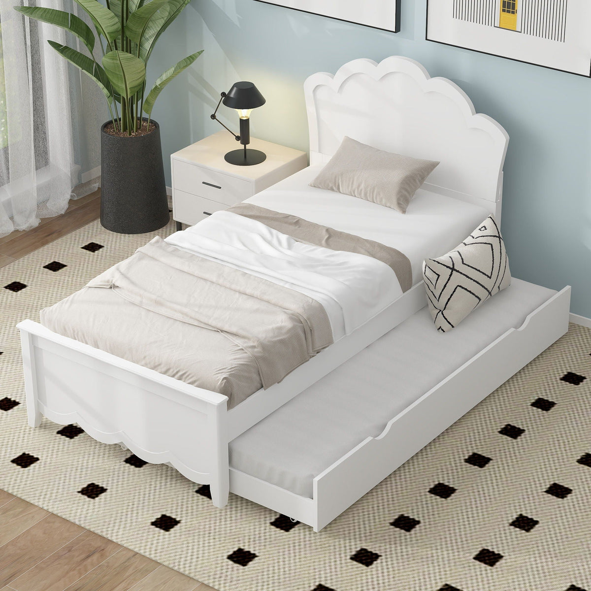 Platform Bed With Headboard and Twin Trundle - White