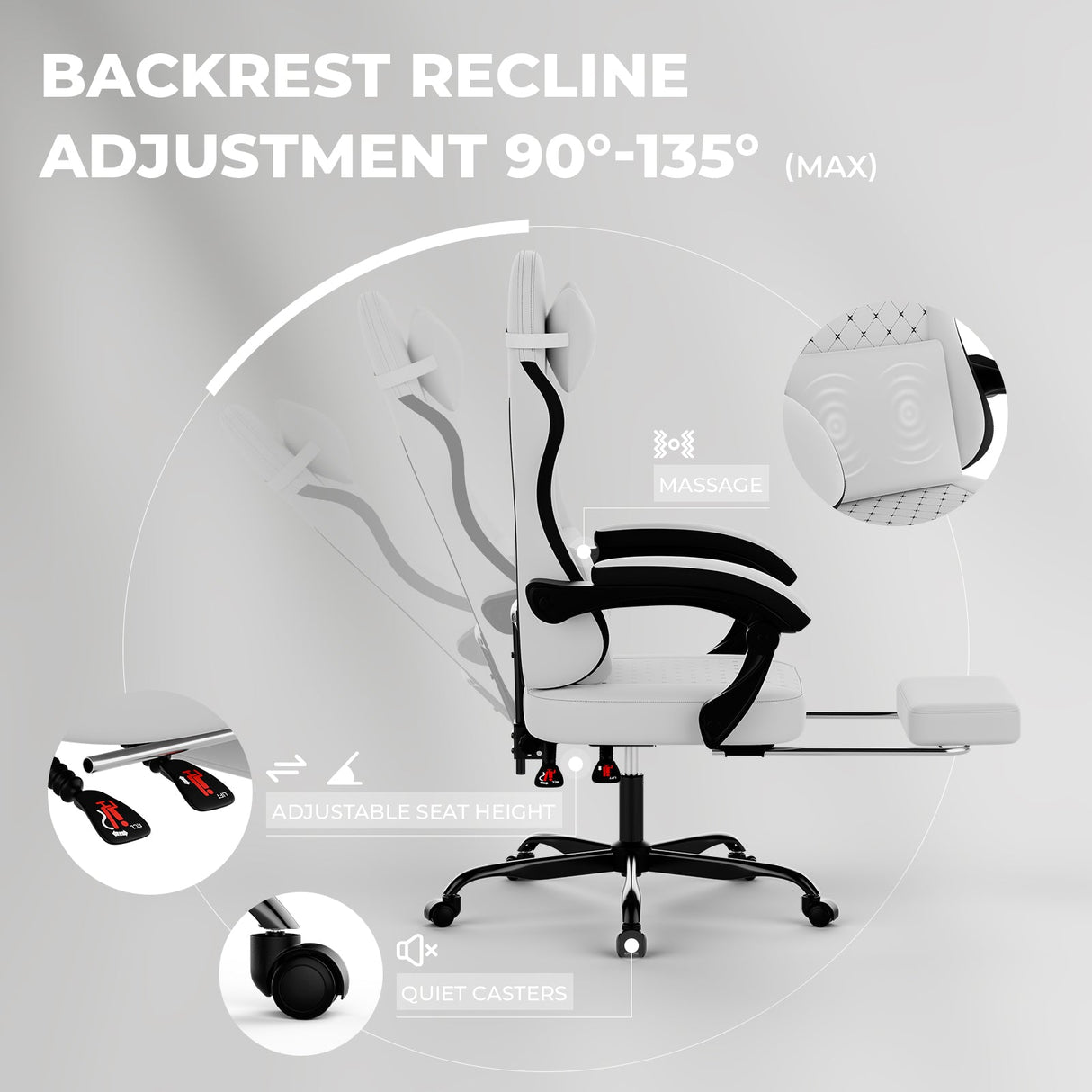 Gaming Chair with Massage, Ergonomic Design, White/Black