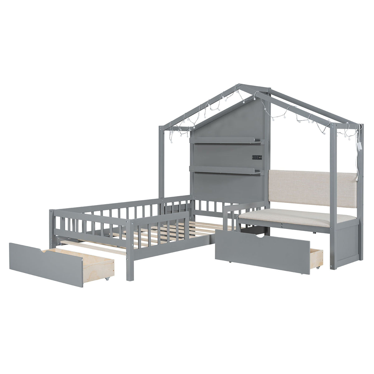 House Bed With Upholstered Sofa, Wireless Charging Station, Shelves And 2 Drawers