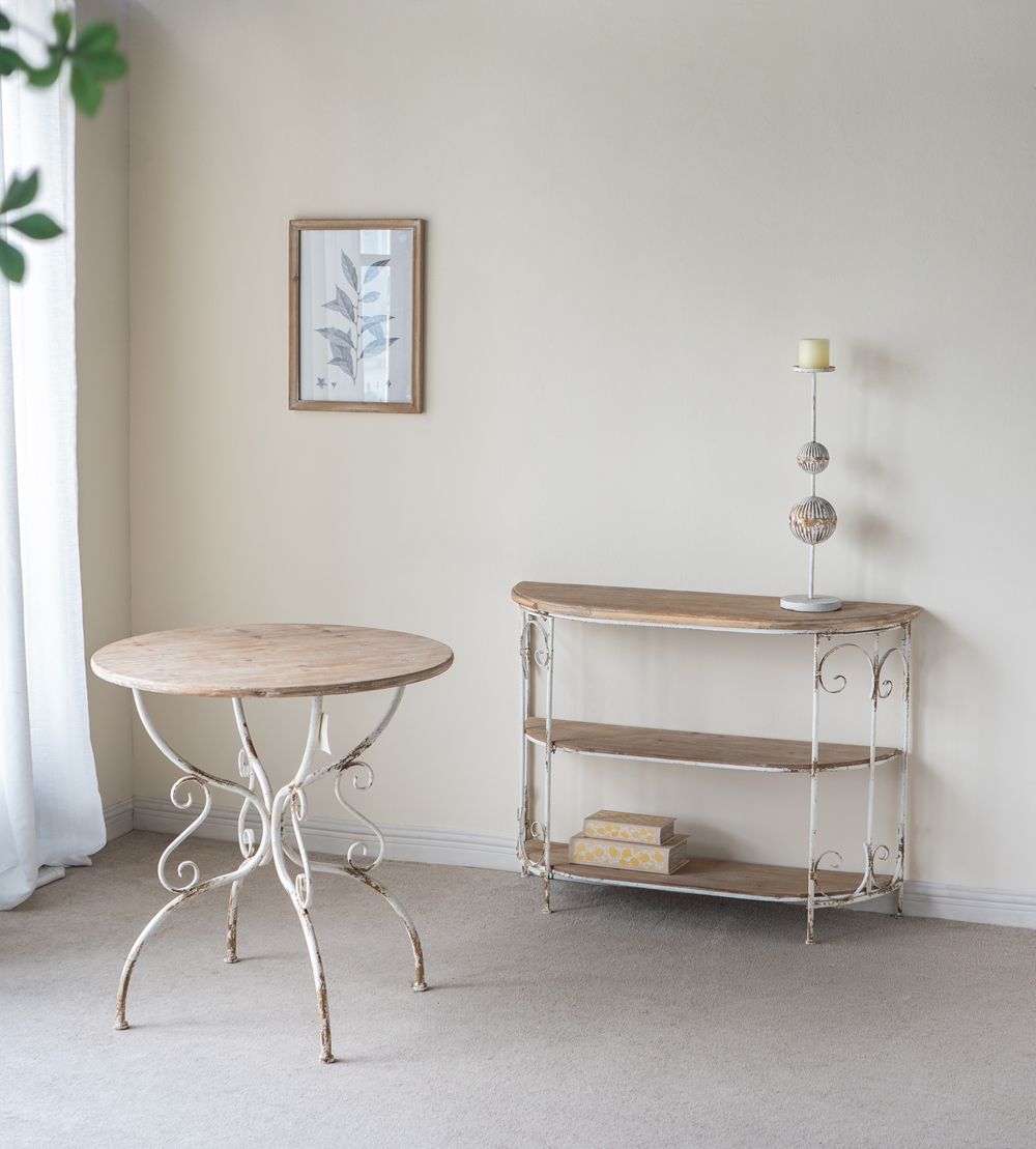 Round Wooden Table With Metal Scrollwork Legs - White Washed