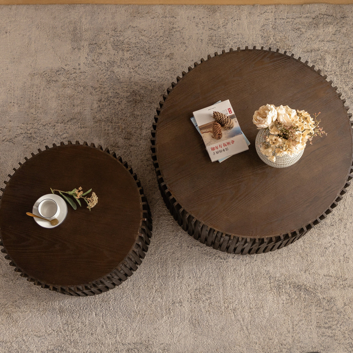 Vintage Style Cylindrical Nesting Coffee Table Set with Textured Embossed Design