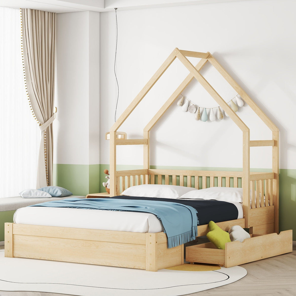 Queen Storage Platform Bed with Guardrail and 2 Drawers - White or Light Brown