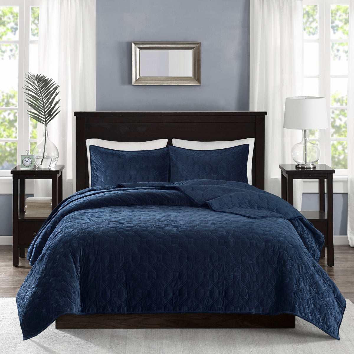 3 Piece Velvet Quilt Set Navy King/Cal King