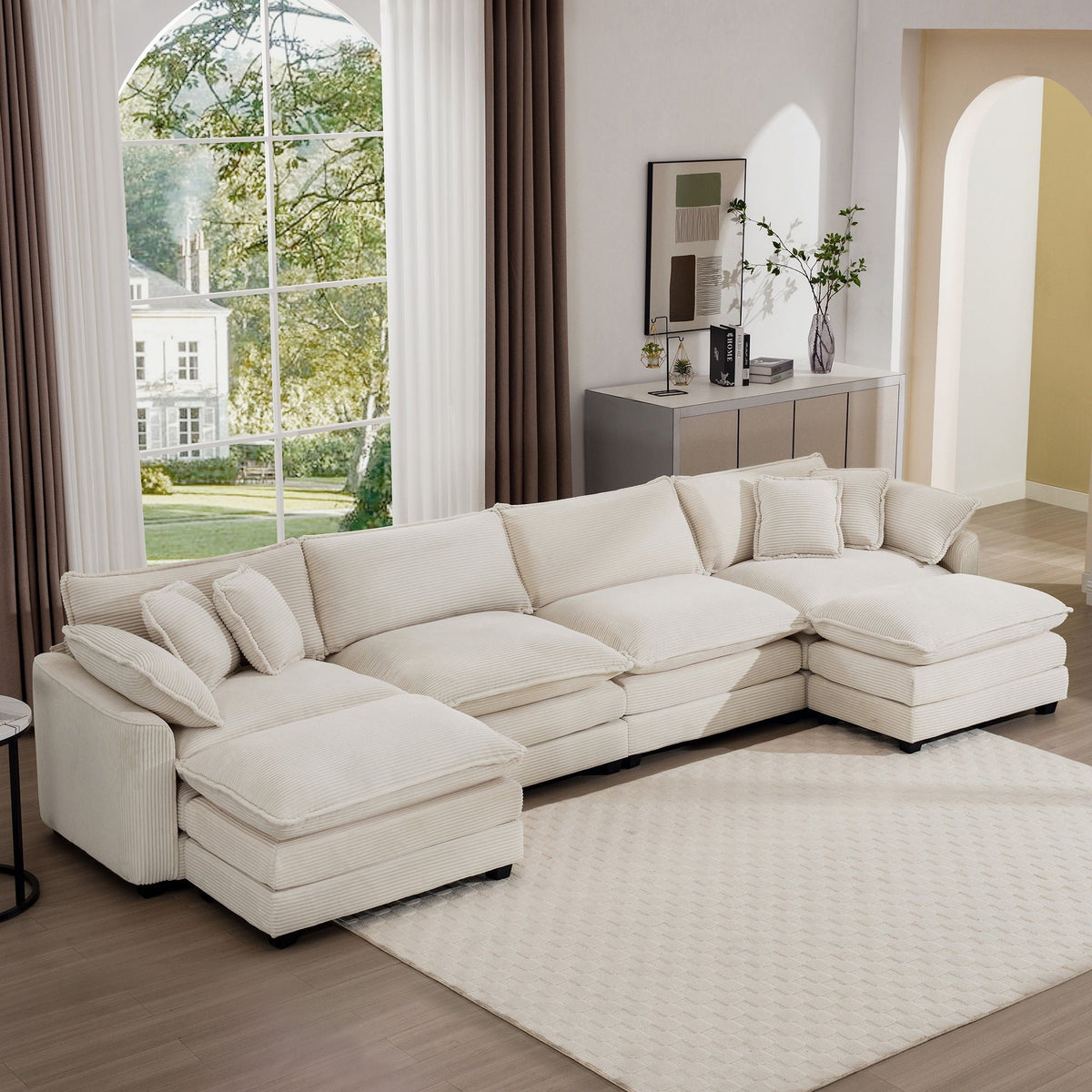 Modern Modular Cushion Sofa Set with Ottoman - Fabric, Multiple Colors