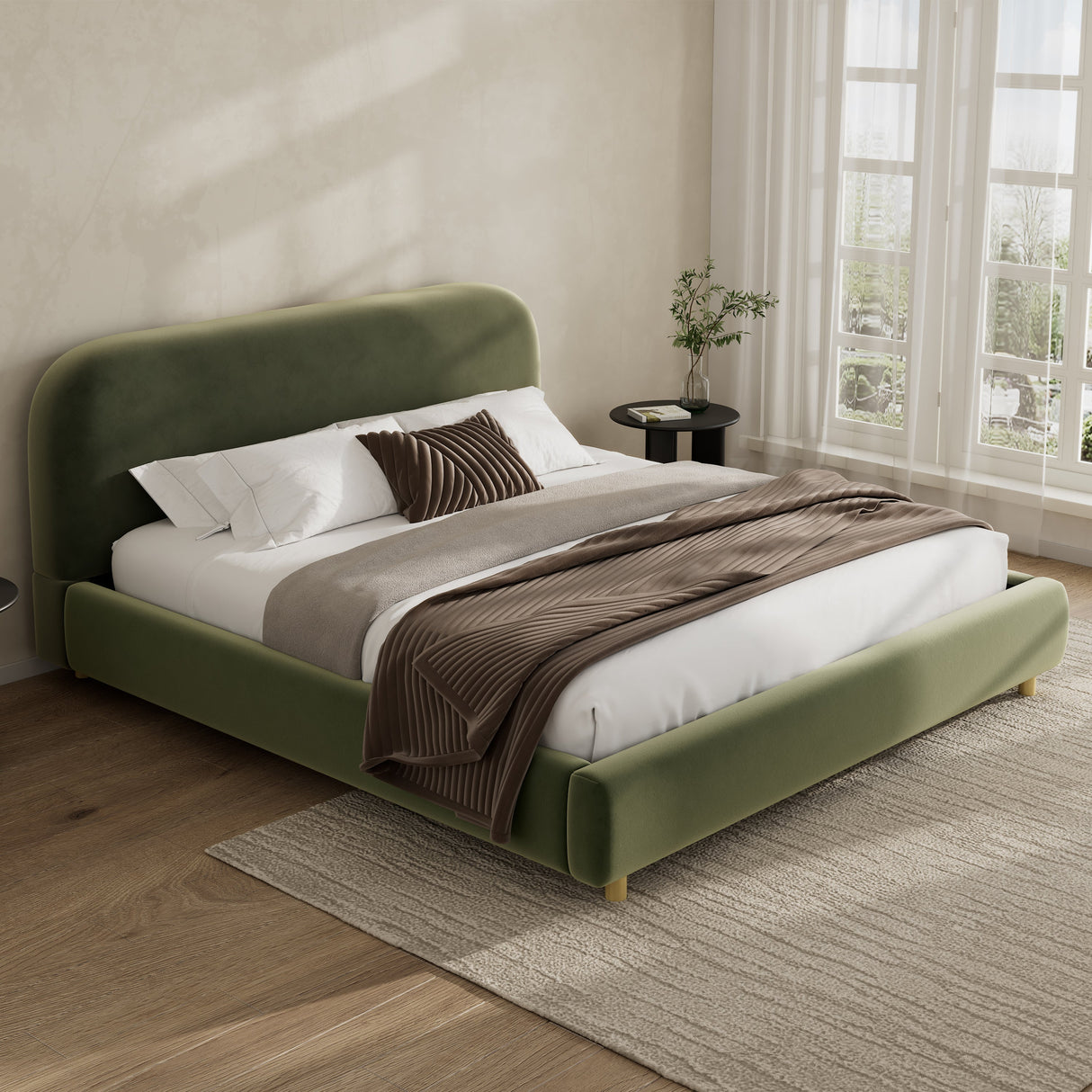 King Size Platform Bed with Velvet Fabric and Curved Headboard