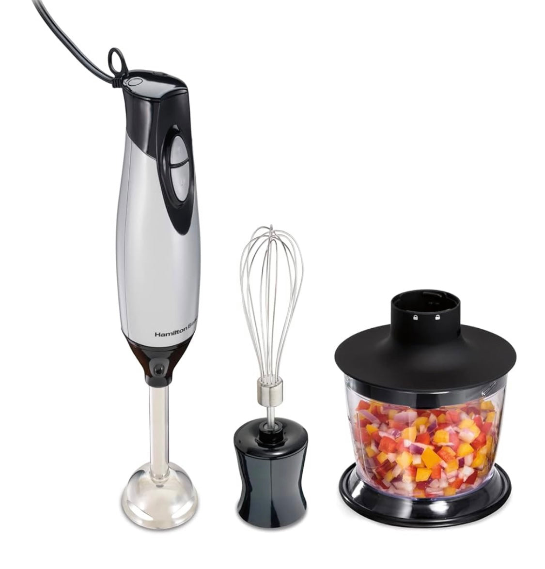 Hamilton Beach 4-in-1 Electric Immersion Hand Blender with Handheld Blending Stick, Whisk + 3-Cup Food & Vegetable Chopper Bowl, 2-Speeds, 225 Watts, Silver and Stainless Steel