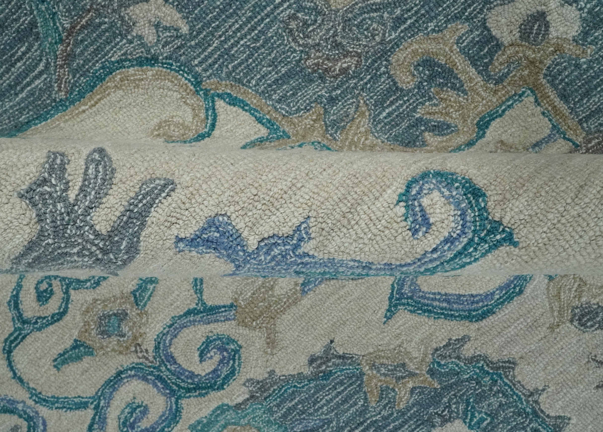 French Design Aubusson Custom Made Ivory and Blue Hand Tufted Wool Area Rug