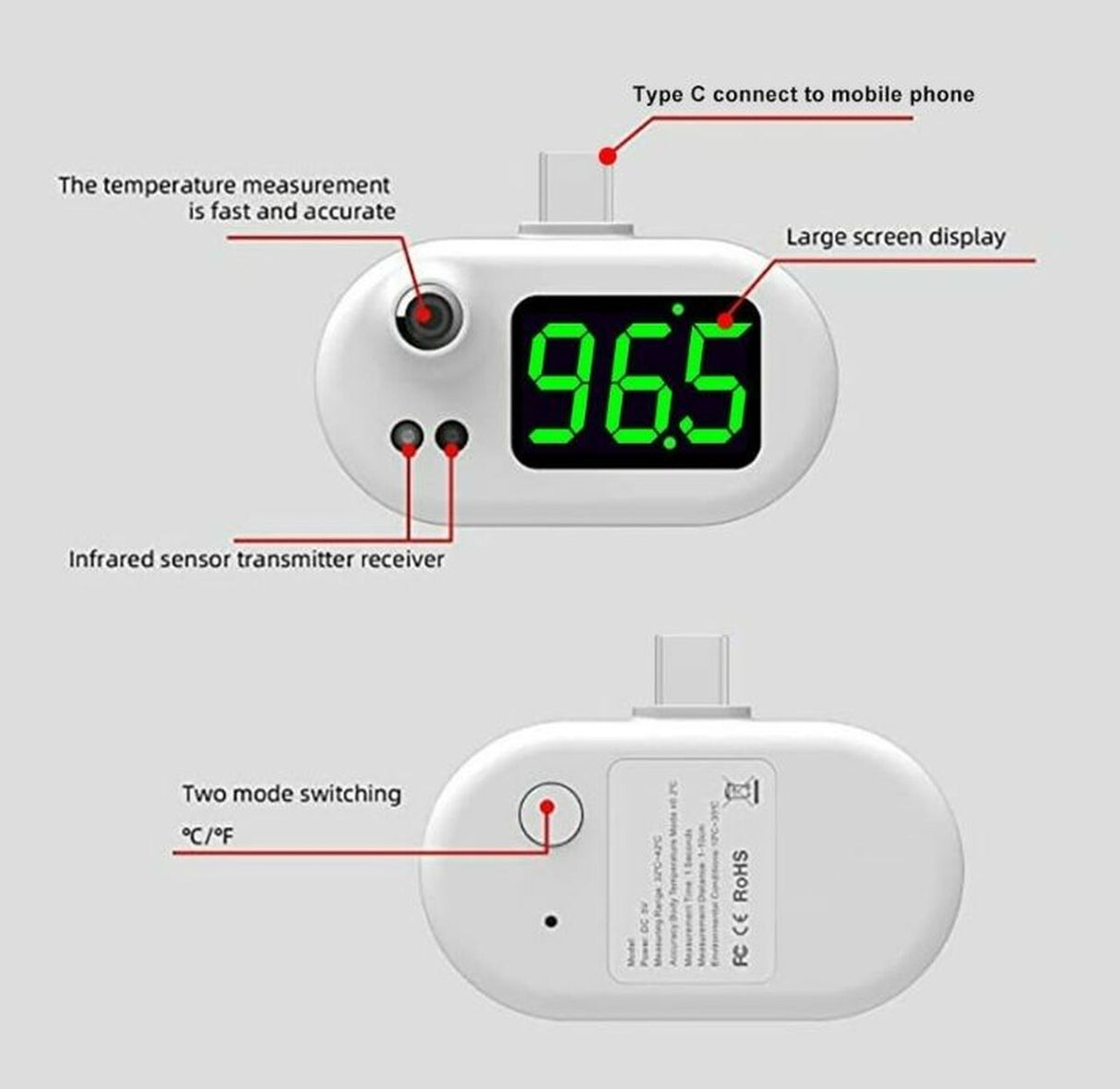 Infrared Thermometer for Apple Lightning or Android USB-C