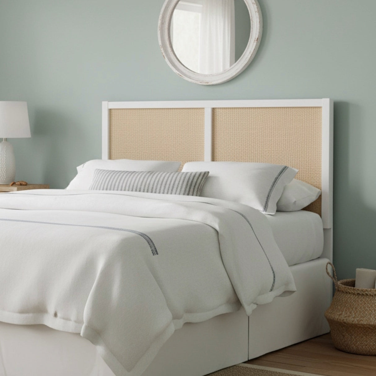 Barkley Cane and Solid Wood Headboard in White with Adjustable Height for Queen/Full Beds