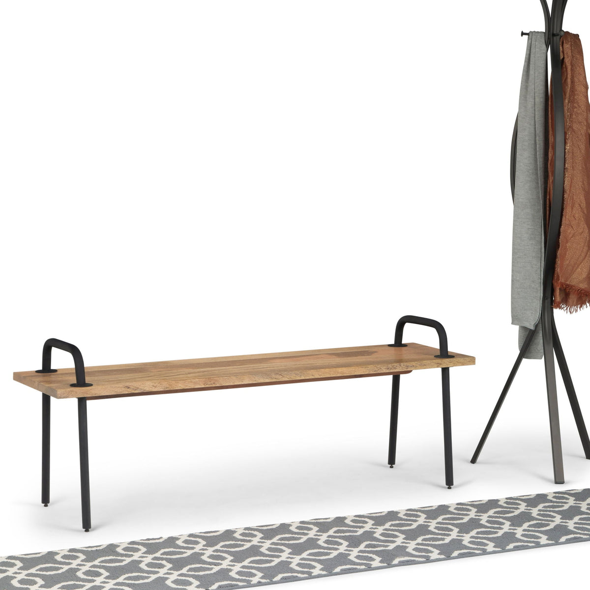 Light Brown Entryway Bench with Metal Legs - Solid Wood