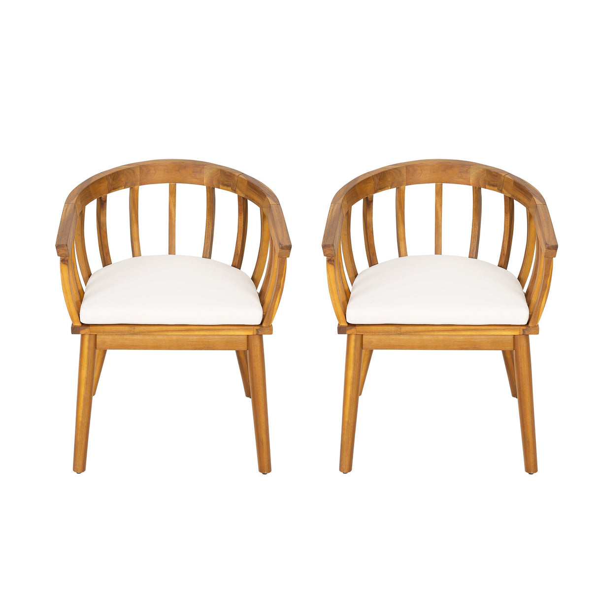 Klismos Dining Armchair Set of 2 with Solid Wood Construction and Curved Backrest in Teak and Beige