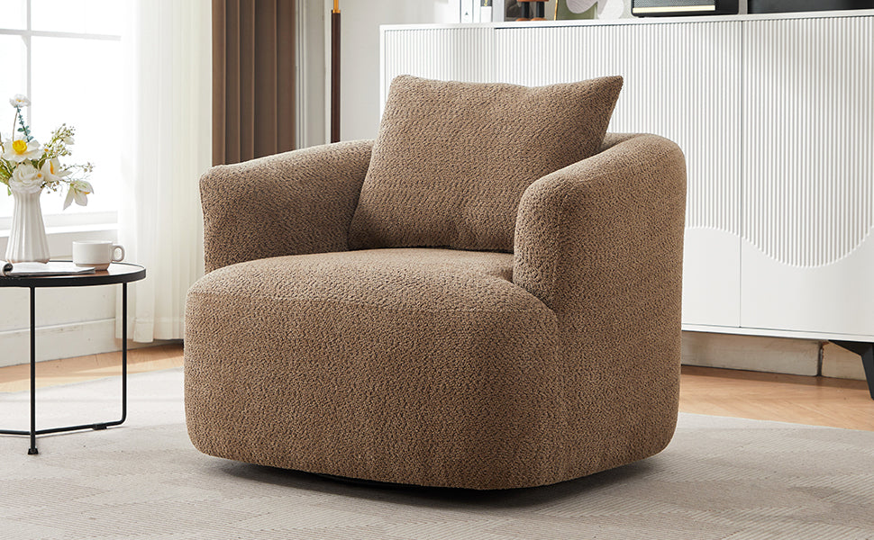 Chenille Upholstered 360° Swivel Chair with Throw Pillow, Dark Brown