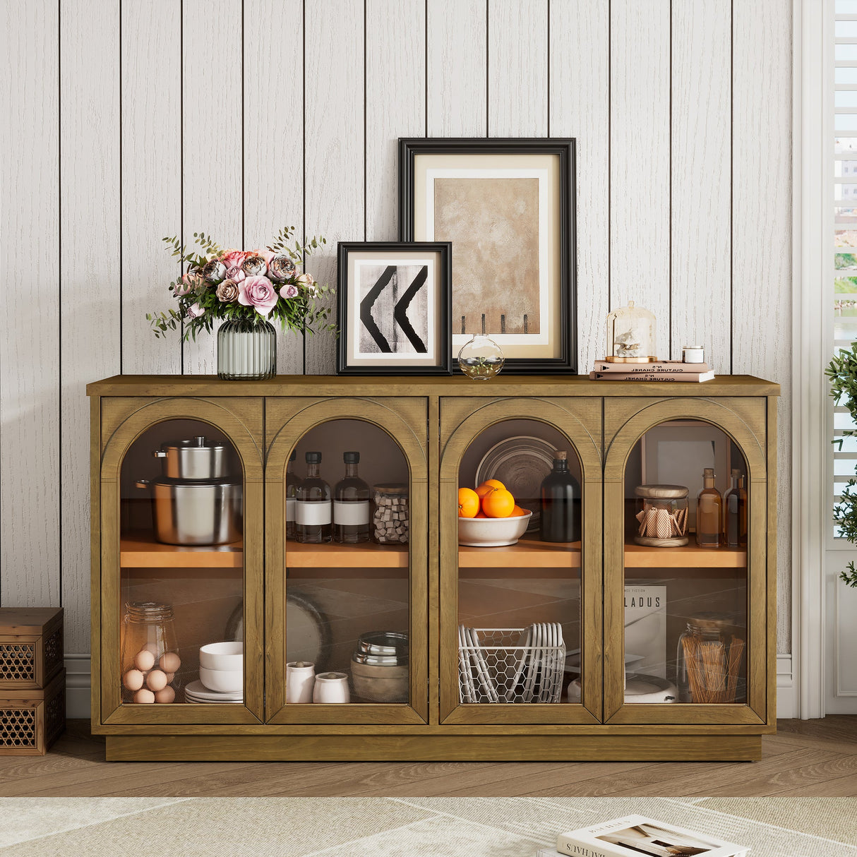 Arched Storage Cabinet with Glass Doors