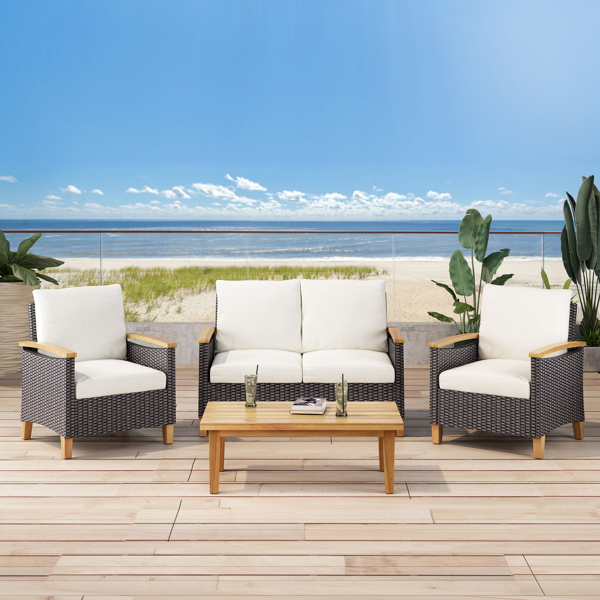 Isla Transitional Chat Set With Water Resistant Cushions - Teak