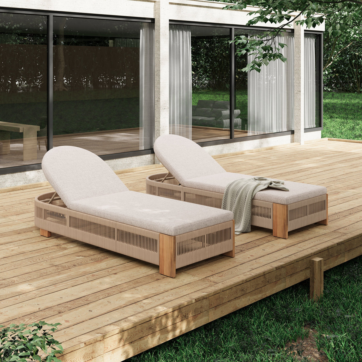 Outdoor Chaise Lounge Chair with Acacia Wood and Adjustable Backrest