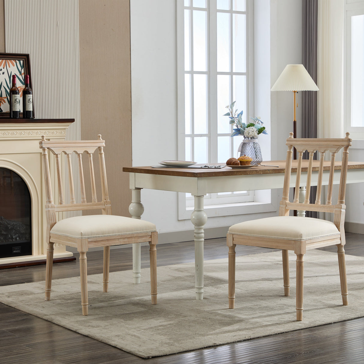 Antique Dining Chairs - Linen Fabric Upholstered Wooden Chairs Set of 2