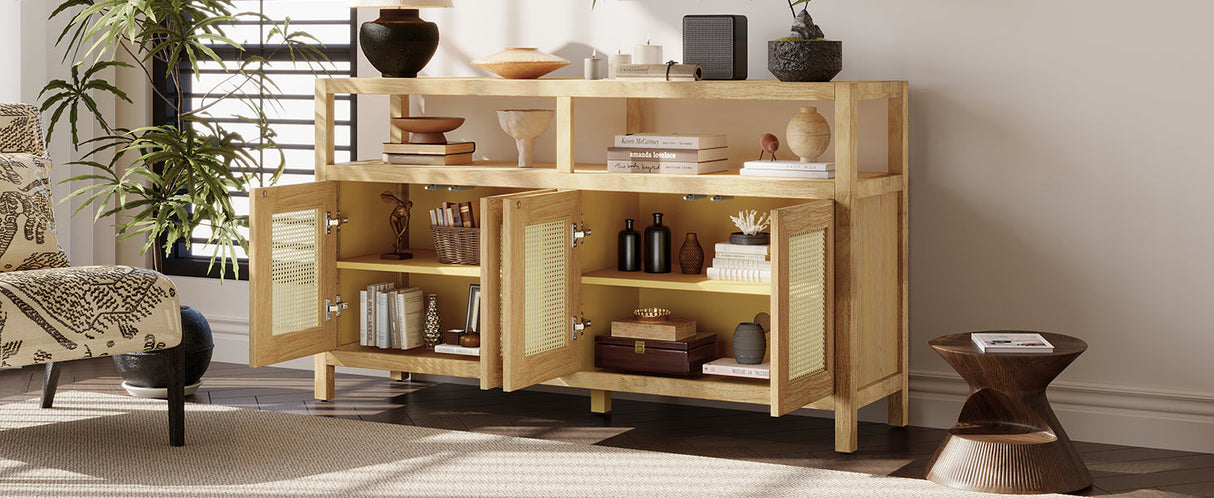 Bohemian Style Rattan Buffet Storage Cabinet with Solid Wood Frame