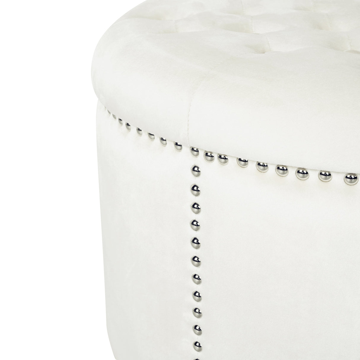 Elegant Round Ottoman with Studded Rim in Beige Velvet