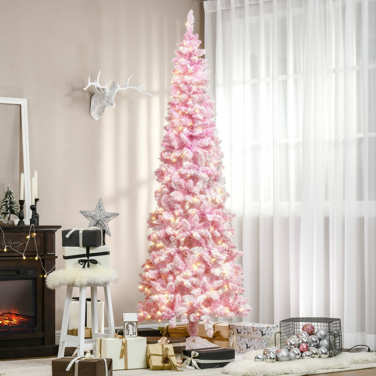 Prelit Snow Flocked Artificial Christmas Tree with LED Lights - Pink, 7.5ft