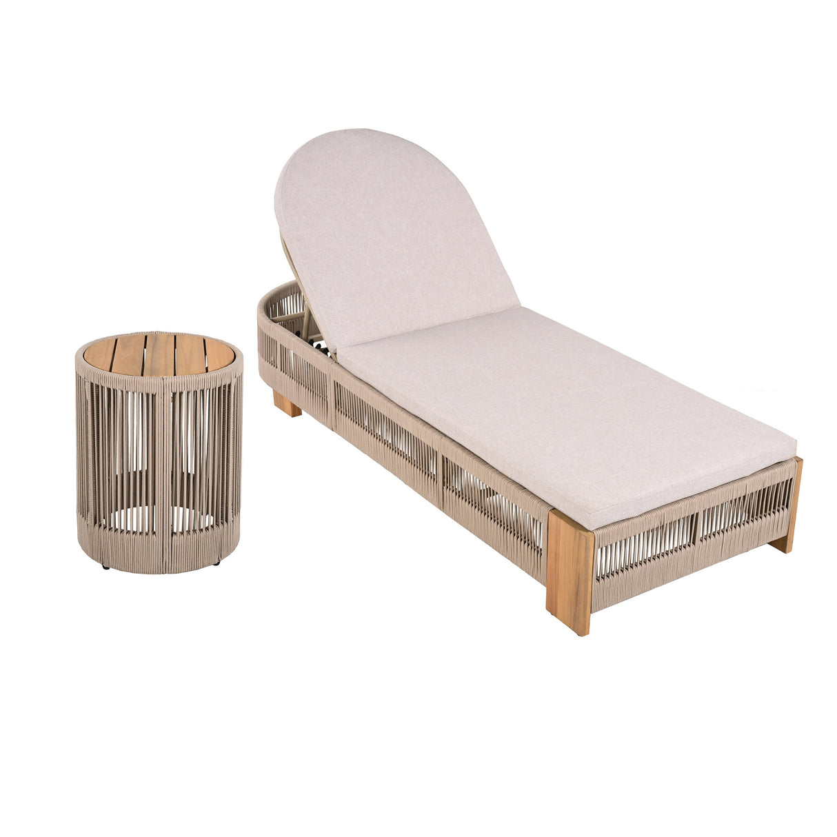 Outdoor Rope Chaise Lounge Set with Adjustable Backrest and Side Table