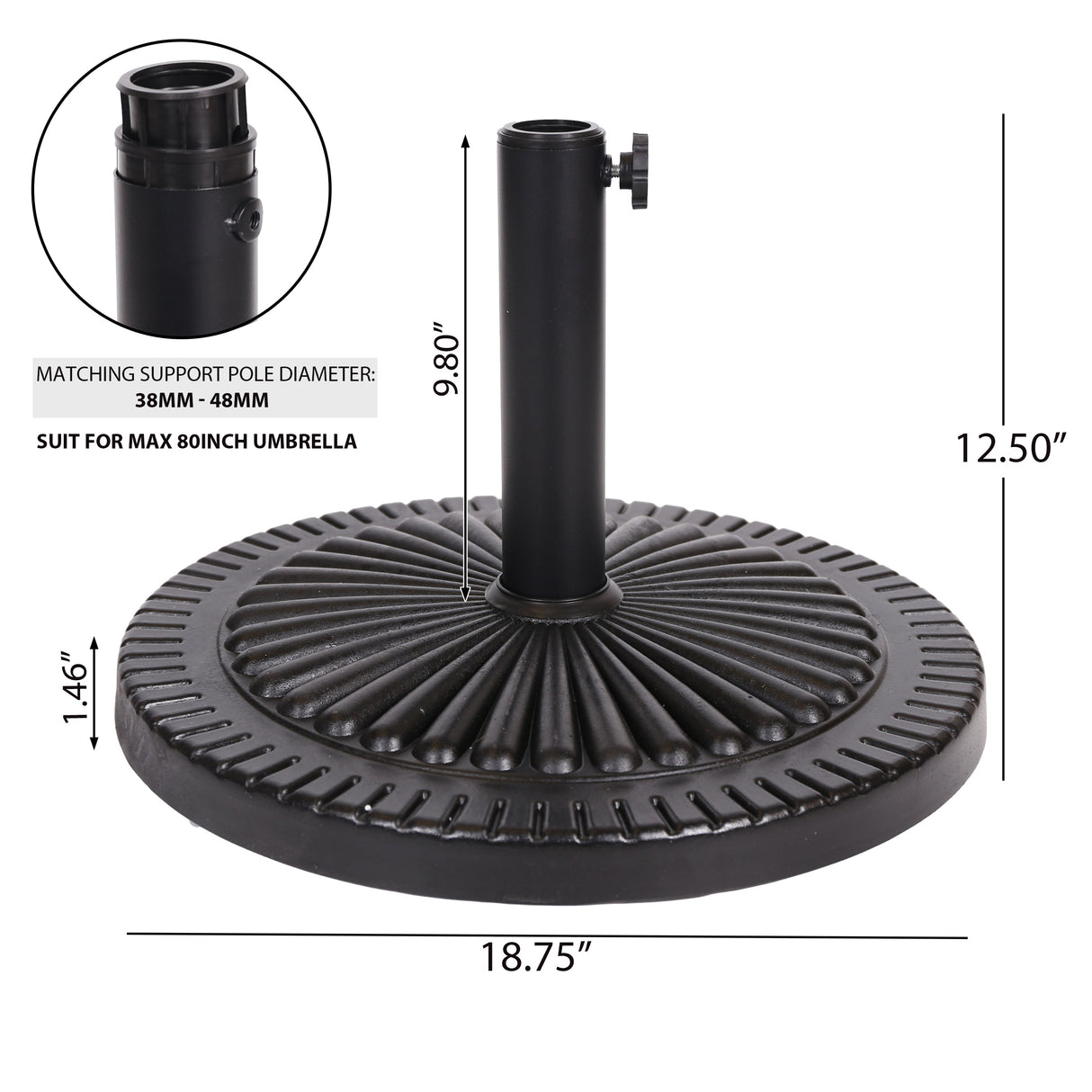Black Rock Resin Outdoor Umbrella Base with Steel Support in Black Finish