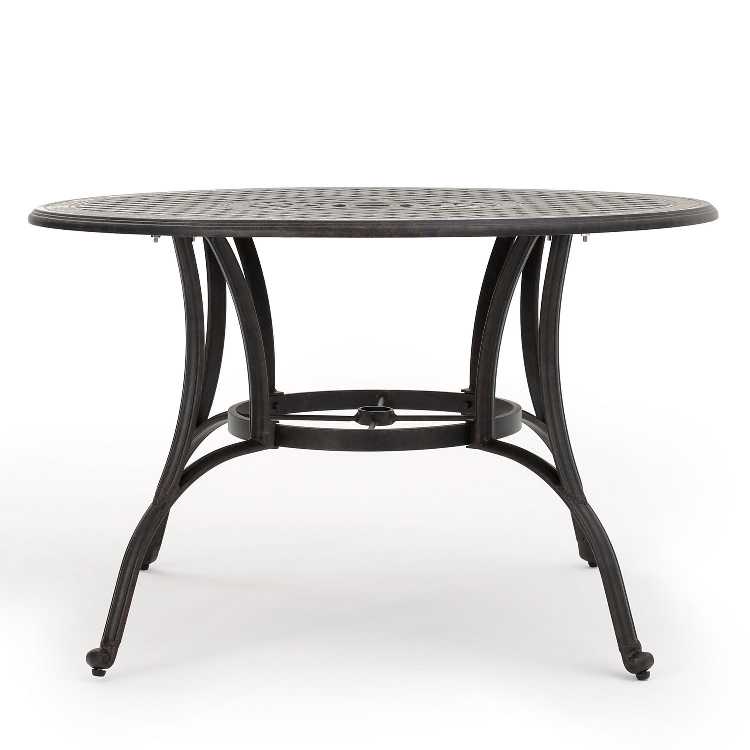 Outdoor cast aluminum circular dining table, bronze