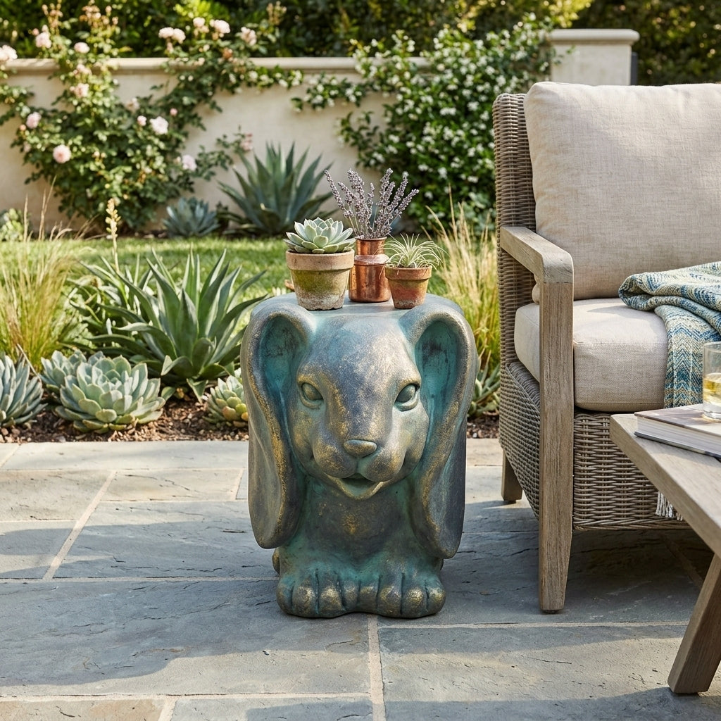 13inch High Rabbit Garden Stool, Lightweight Concrete, Gold Patina Finish, No Assembly Required