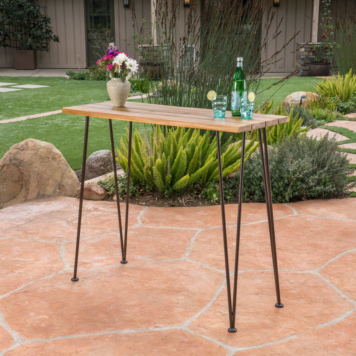 Outdoor Bar Table With Wood Tabletop And Iron Hairpin Legs - Black / Teak