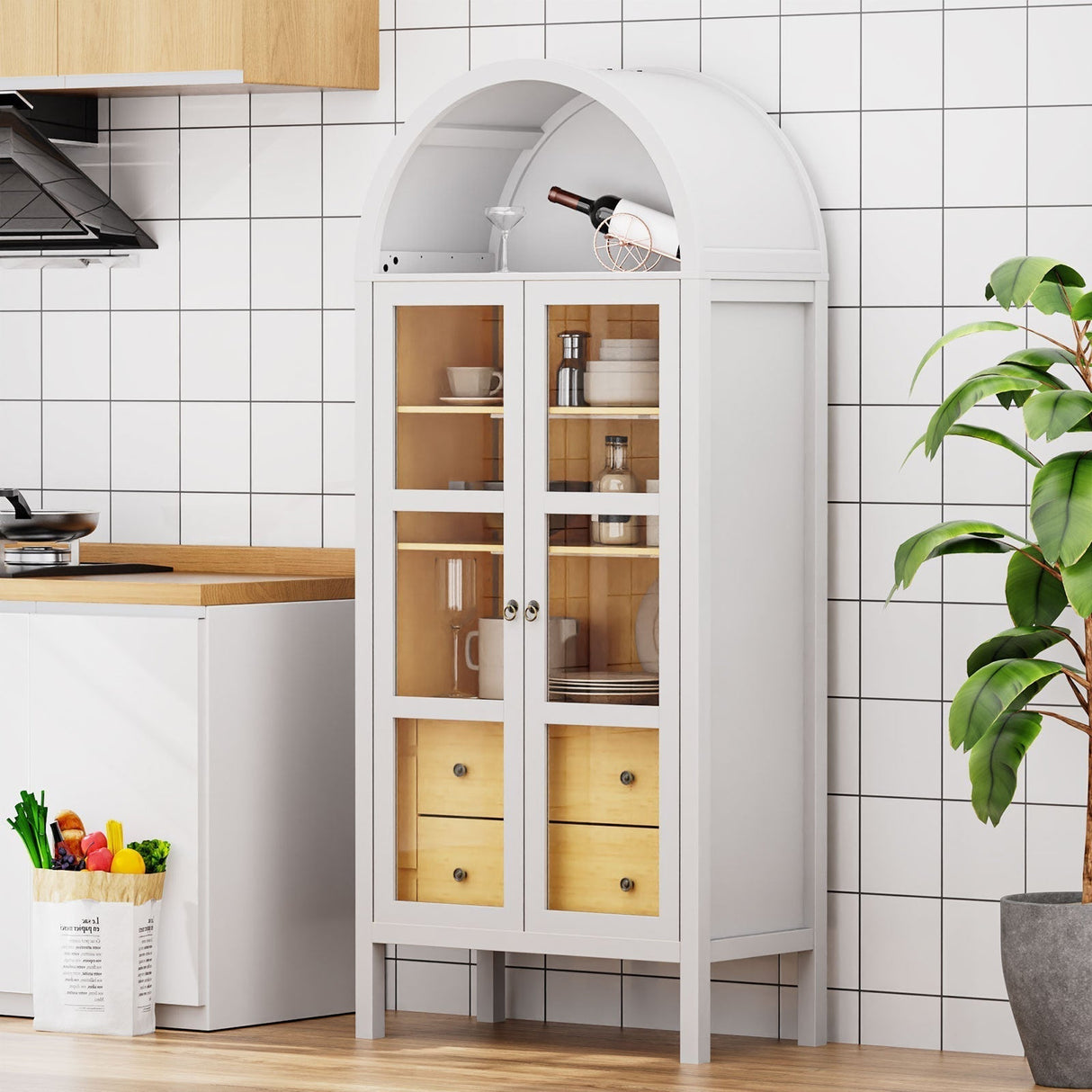 Modern Arched Cabinet with Glass Doors and Auto Sensor Light