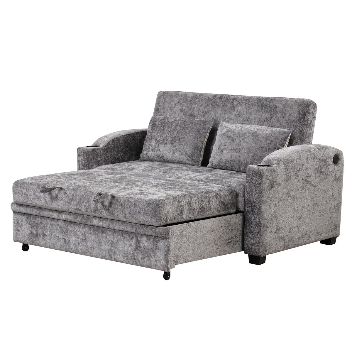 Pull Out Loveseat Sofa With Adjsutable Backrest, 2 Pillows, Cup Holders, USB Ports For Living Room