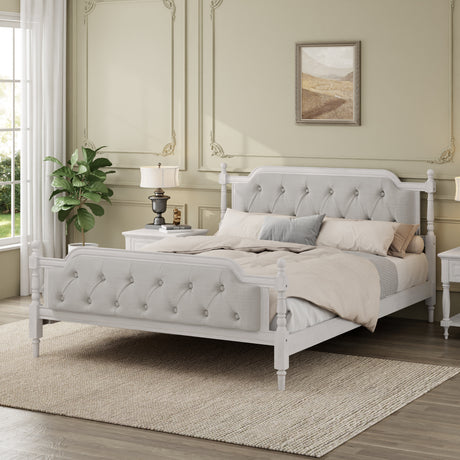 Traditional-Style-Solid-Wood-Bed-Frame-with-Upholstered-Tufted-Headboard,No-Box-Spring-Needed,Queen-Size,-Antique-White-Beds-&-Bed-Frames