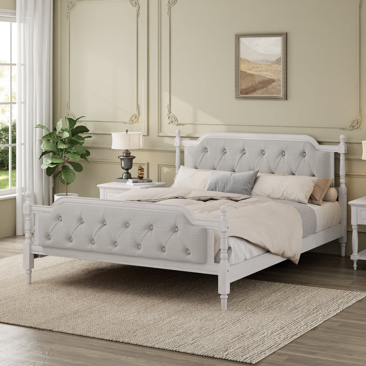 Traditional-Style-Solid-Wood-Bed-Frame-with-Upholstered-Tufted-Headboard,No-Box-Spring-Needed,King-Size,-Antique-White-Beds-&-Bed-Frames