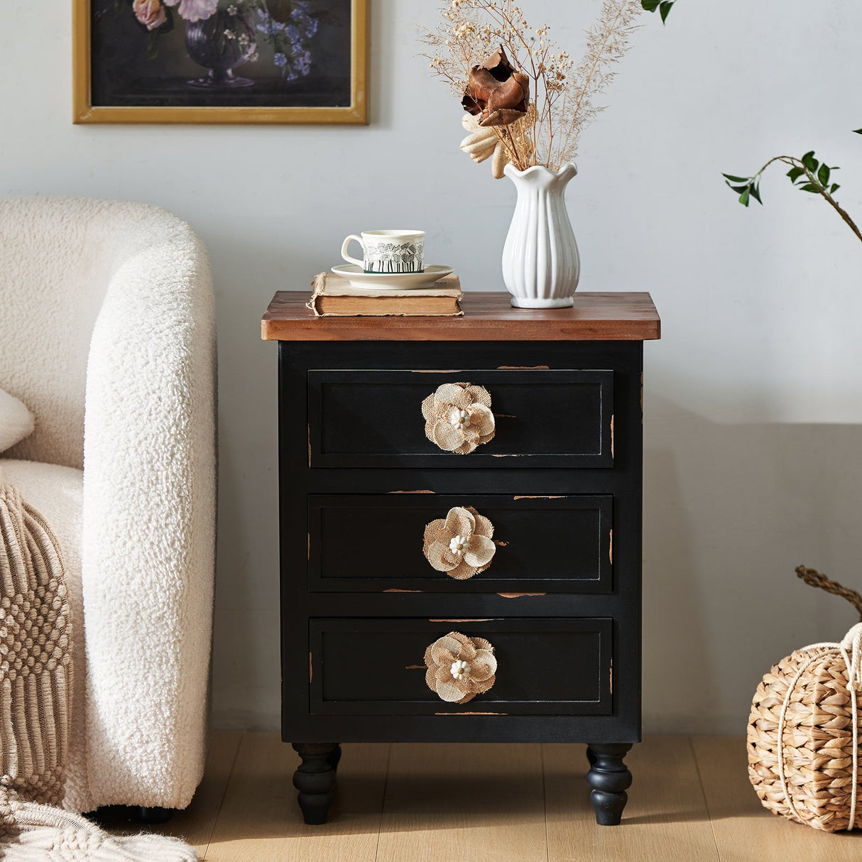 Rustic Dark Blue 2-Drawer Wooden Cabinet with Aged Finish & Floral Handles