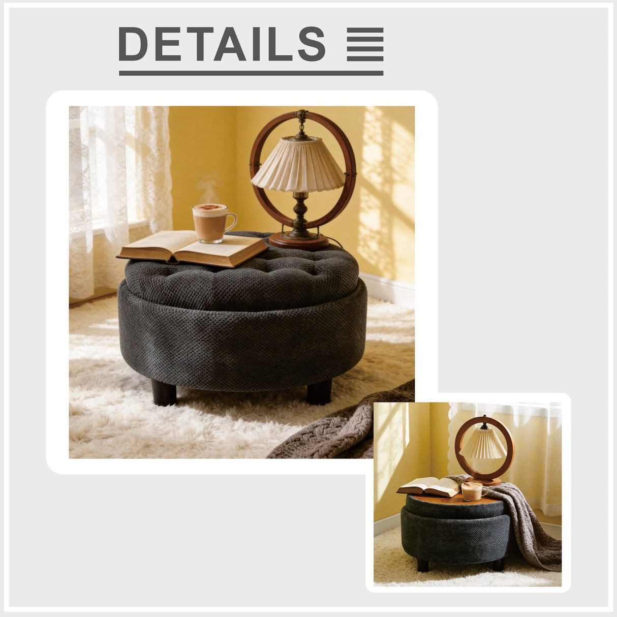 25 Inch Round Storage Ottoman with Tray